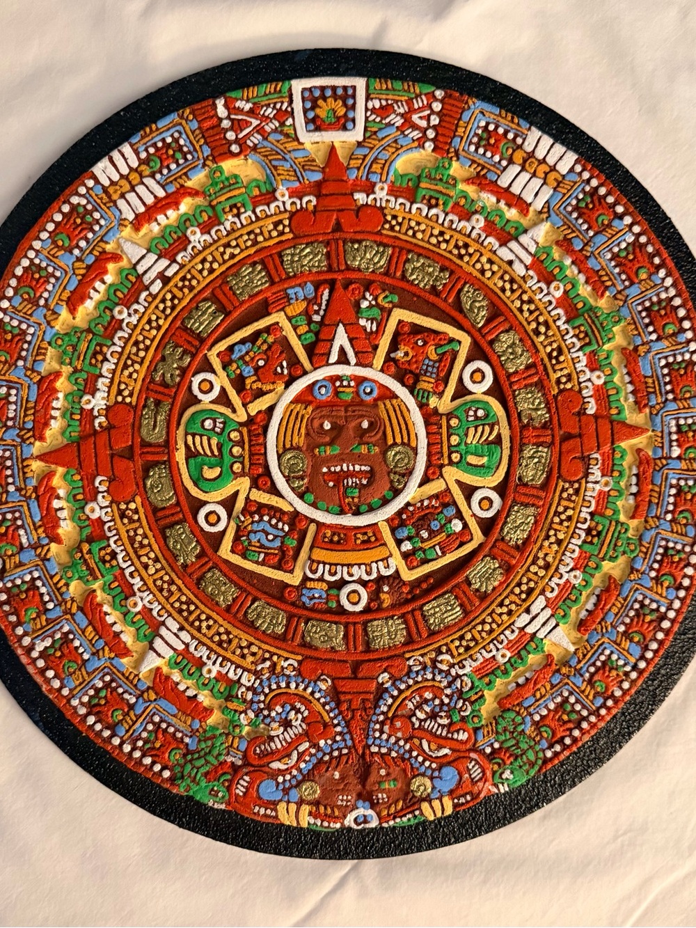 Handcrafted Aztec Sun Calendar Wall Art - Red & Gold